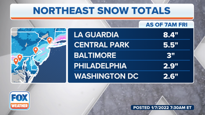 Snow totals as of 7 a.m. Eastern time Friday, Jan. 7, 2022.