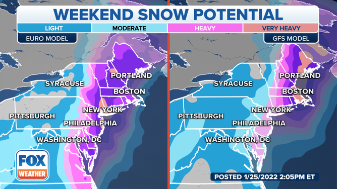 Both the European (Euro) and the American (GFS) computer models show an area of heavy snow developing somewhere between the mid-Atlantic and New England this weekend.