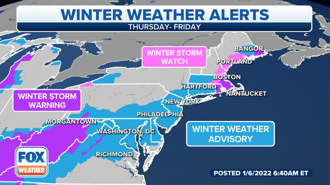 Winter weather alerts are in effect across the mid-Atlantic and Northeast into Friday, Jan. 7, 2022.