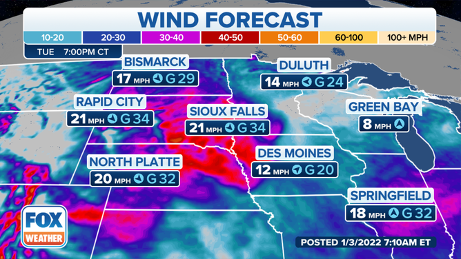 Wind forecast for Tuesday evening, Jan. 4, 2022.