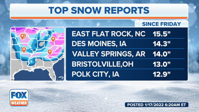Top snow reports for the winter storm moving across the Northeast.