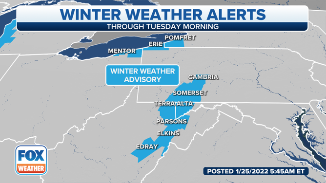 Winter Weather Advisories are posted in the central Appalachians on Tuesday, Jan. 25, 2022.