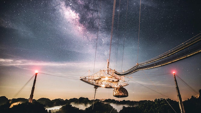 A starry sky above the Arecibo Observatory in Puerto Rico.