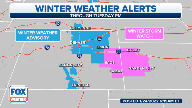 Winter Weather Advisories and Winter Storm Watches are in effect for parts of the Rockies and High Plains.