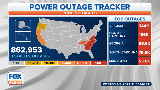 Power outages as of 11:55 a.m. Eastern time Monday, Jan. 3, 2022.