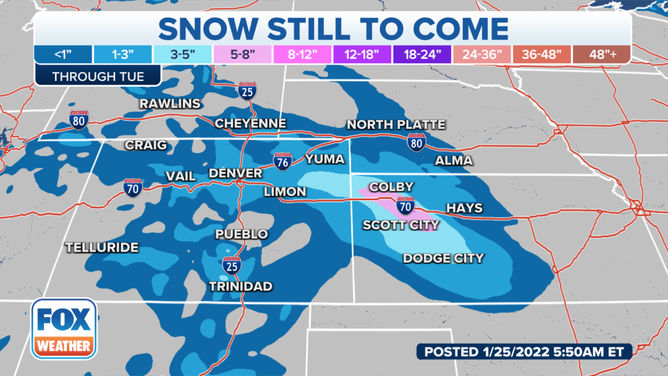 Snow forecast through Tuesday, Jan. 25, 2022.