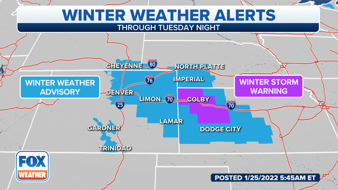 Winter Storm Warnings and Winter Weather Advisories are in effect for parts of the Rockies and High Plains.