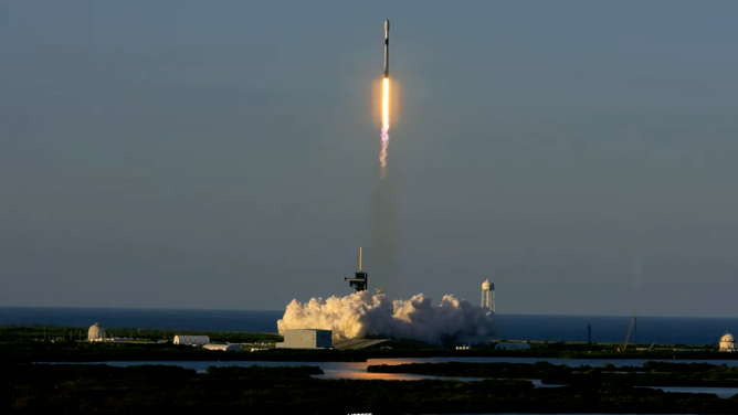 A SpaceX Falcon 9 rocket launches from Kennedy Space Center, Fla. on Jan. 6, 2022, marking the first launch of the year.