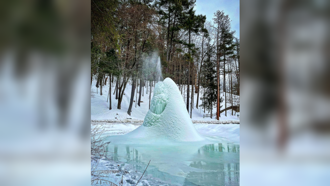 The ice volcano at Letchworth State Park in New York is created from the Glen Iris fountain.