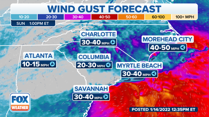 Wind gust forecast Sunday afternoon, Jan. 16, 2022.