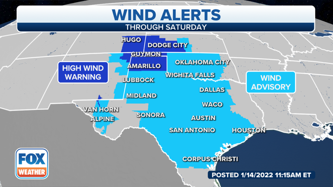 Southern Plains wind alerts 1-14-22