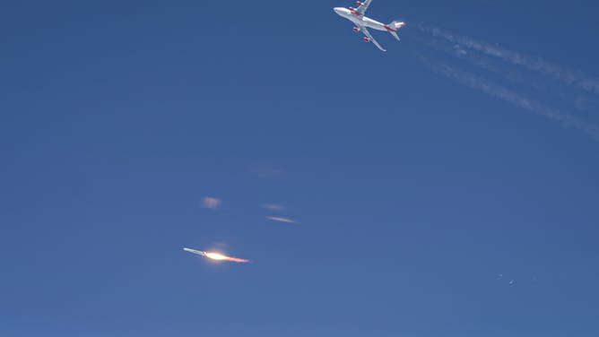 Virgin Orbit's LauncherOne ignites in mid-air for the first time during the company's Launch Demo. May 25, 2020.