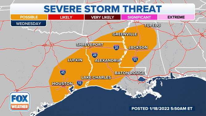 Severe thunderstorm threat on Wednesday, Jan. 19, 2022.