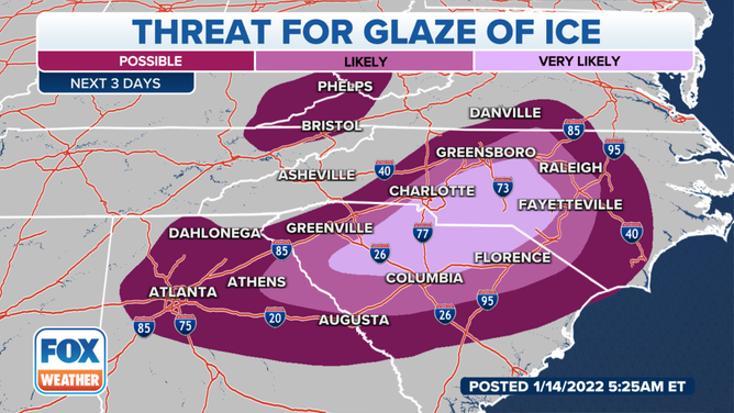 The winter storm poses a significant ice threat in parts of the Southeast on Sunday, Jan. 16, 2022.