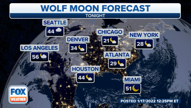 The first full moon of the year happens Monday night. The Southeast should have a mostly cloud free sky to view the Wolf Moon.