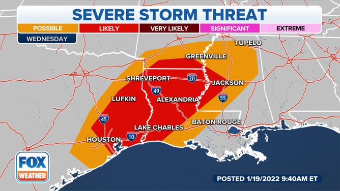 Severe thunderstorm threat on Wednesday, Jan. 19, 2022.