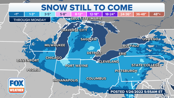 Snow forecast through Monday, Jan. 24, 2022.