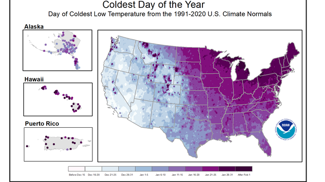 These maps show the dates you can expect the coldest low temperatures of the year to occur based on 30-year averages (1991-2020) from NOAA's National Centers for Environmental Information.