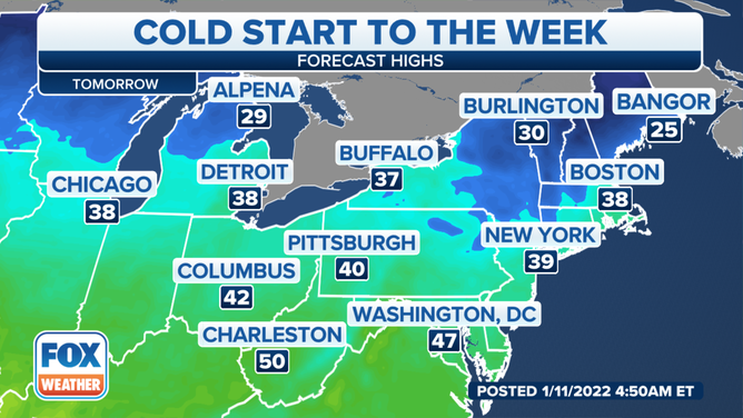 Forecast highs Wednesday, Jan. 12, 2022.