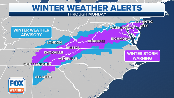 Winter weather alerts are posted from the South to the mid-Atlantic on Monday, Jan. 3, 2022.