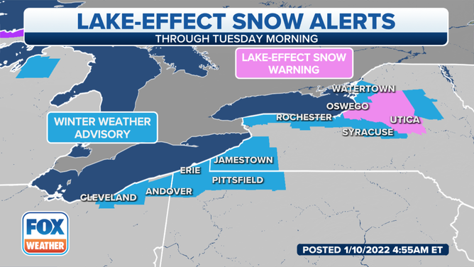 Lake-Effect Snow Warnings and Winter Weather Advisories are posted for portions of northeastern Ohio, northwestern Pennsylvania and western and central New York.