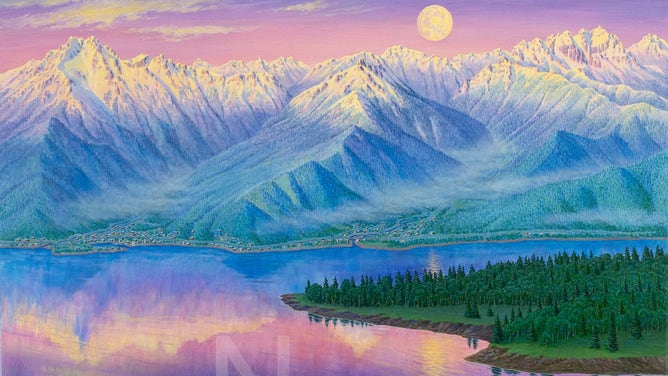 Niehues's painting of the Olympic Mountains in Washington.