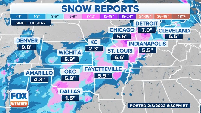Snow reports in major cities along the winter storm's path.