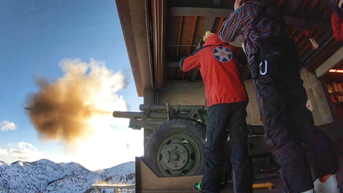 A Howitzer being shot by Alta Ski Patrol, a first aid response and evacuation team in the Alta, Utah.