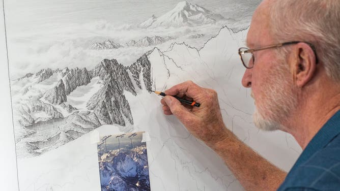 Niehues creates a comprehensive sketch of Washington's Colchuck Peak from a photograph.