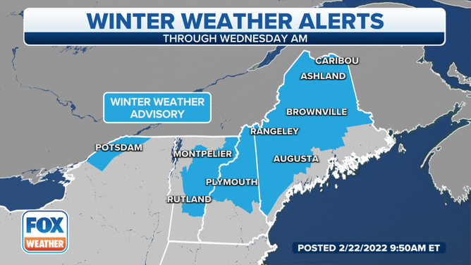 Winter Weather Advisories are in effect for parts of northern New England into Wednesday morning, Feb. 23, 2022.