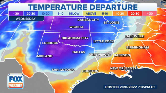 The cold moves into the Southern Plains by mid-week.