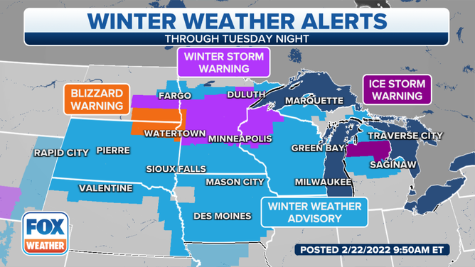 Various winter weather alerts are in effect on Tuesday, Feb. 22, 2022.