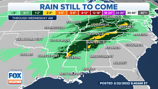 Rain forecast through early Wednesday, Feb. 23, 2022.