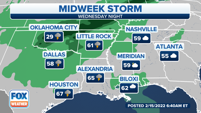 Forecast for Wednesday night, Feb. 16, 2022.