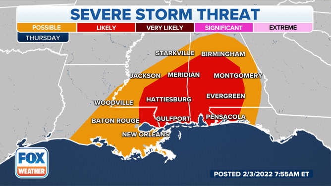 Severe storm threat on Thursday, Feb. 3, 2022.