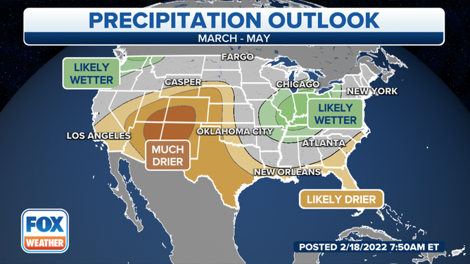 NOAA's precipitation outlook for climatological spring (March through May).