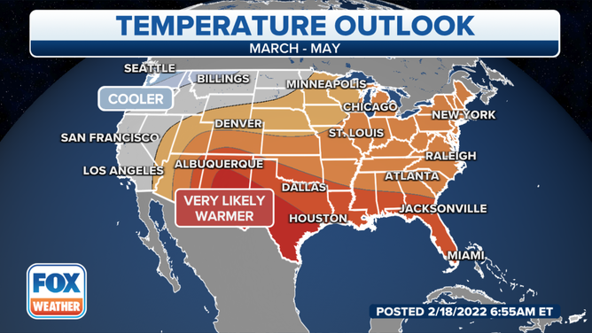 NOAA's temperature outlook for climatological spring (March through May).