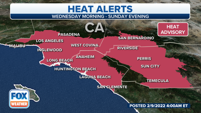 A Heat Advisory is in effect for portions of Southern California from 11 a.m. Wednesday through 6 p.m. Sunday.