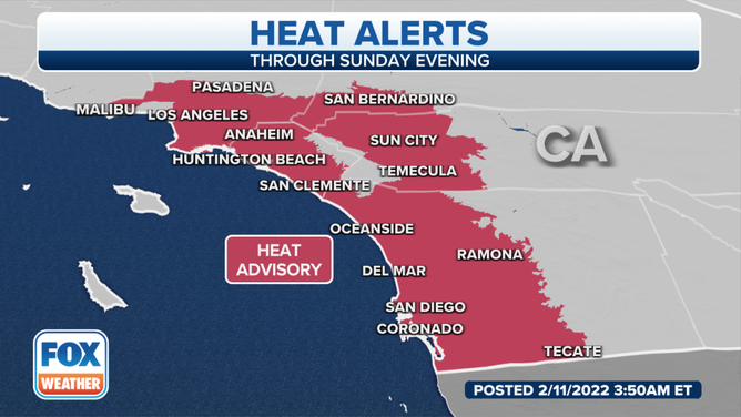 Heat Advisories are in effect for portions of Southern California until 6 p.m. Sunday evening.