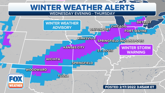 Winter Storm Warnings and Winter Weather Advisories are in effect on Thursday, Feb. 17, 2022.