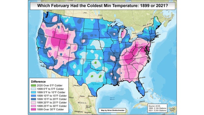 Nearly every location in the Lower 48 reported lower temperatures in February 1899 than in February 2021.