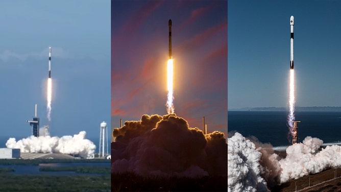 Three Falcon 9 rockets launching from Florida and California.
