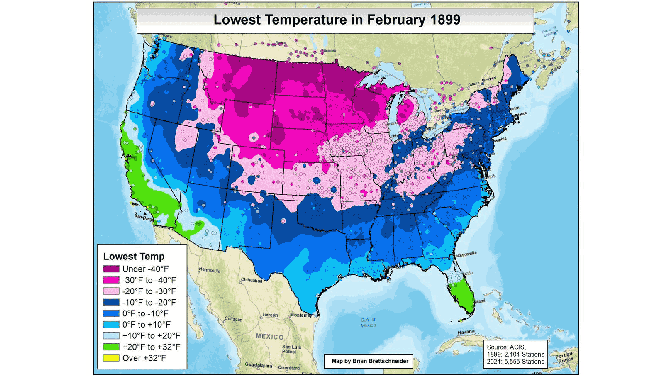 The lowest temperatures in February 1899 vs. the lowest temperatures in February 2021.