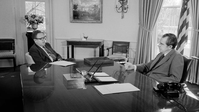 Secretary of State Henry Kissinger meeting with President Richard Nixon at the White House in March 1974. Nixon and Kissinger negotiated Arab OPEC members to end the oil embargo.