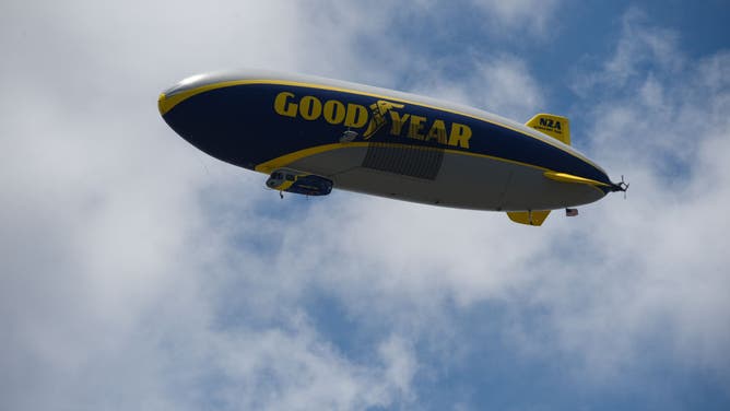 HOLLYWOOD, FL - MAY 22: The Goodyear Blimp, Wingfoot Two, flies over Memorial Regional Hospital on May 22, 2020, in Hollywood, FL. The blimp circled several hospitals in the region to honor healthcare workers and to salute those battling the Coronavirus (COVID-19) pandemic. (Photo by Michele Eve Sandberg/Icon Sportswire)