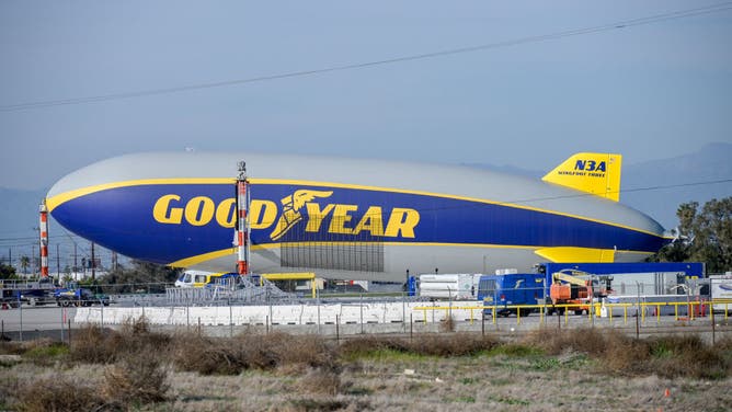 LOS ANGELES, CA - MARCH 02: View of the Goodyear Blimp is seen at its airship base in Carson on March 02, 2021 in Los Angeles, California. (Photo by RB/Bauer-Griffin/GC Images)
