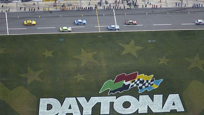 Auto Racing: NASCAR Daytona 500: Aerial view of action on track taken from Goodyear blimp above Daytona International Speedway. Sprint Cup Series.