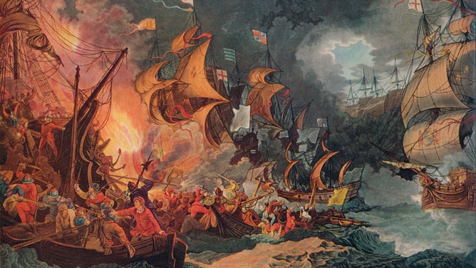 Defeat of the Spanish Armada' (c1797), from 'Old Naval Prints,' by Charles N Robinson.