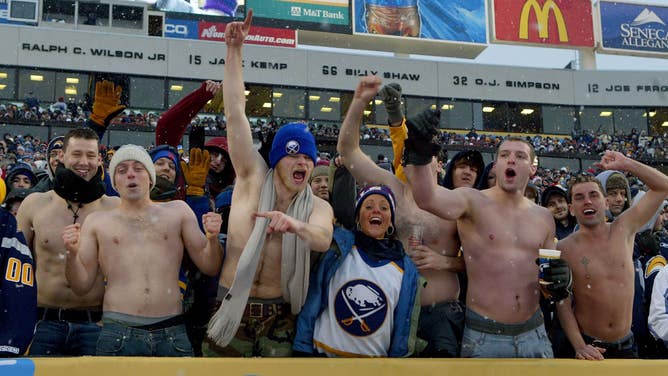 Fans cheer during the NHL Winter Classic between the Buffalo Sabres and the Pittsburgh Penguins at the Ralph Wilson Stadium on January 1, 2008 in Orchard Park, New York.