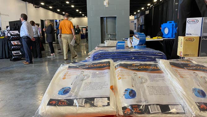 Cleanup supplies on display at the Natural Disaster Expo in Miami Beach on Feb. 7, 2022.